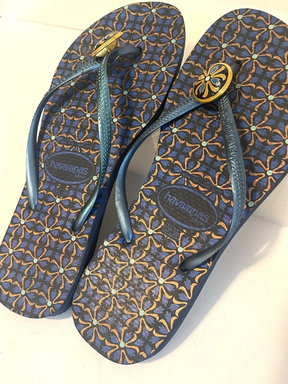 Havaianas Teal Blue and Gold Patterned Flip Flops